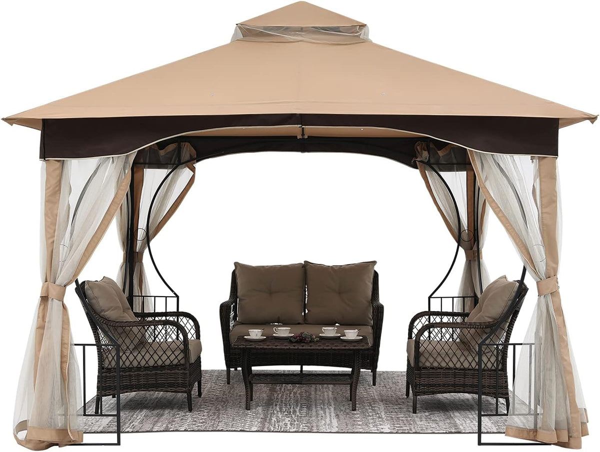 11x13 Patio Gazebo with Netting Screen Walls Beige S91049