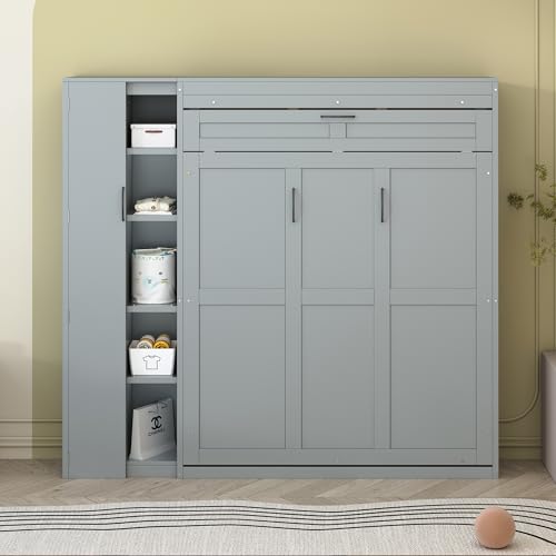 Gray Queen Size Murphy Bed with Storage Shelves and LED Lights M475740
