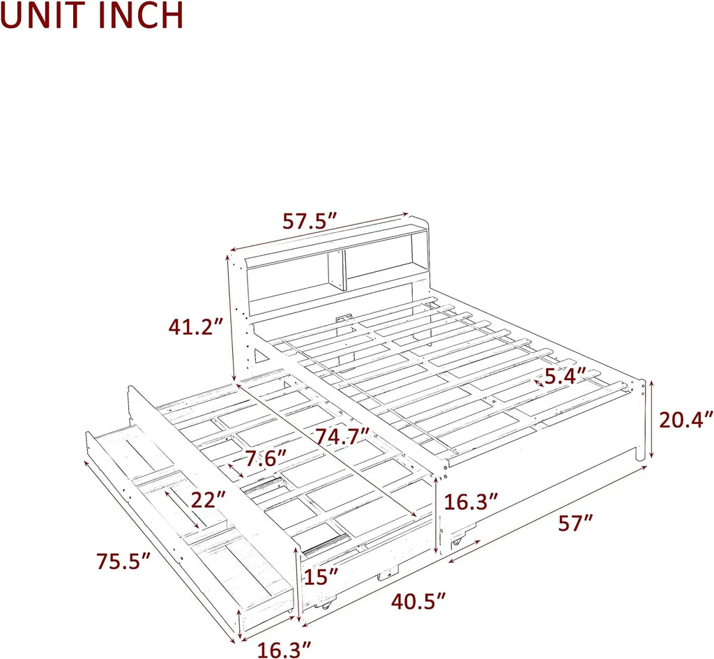 Full Size Solid Wood Platform Bed with Trundle, Drawers, and Bookcase Headboard T8923