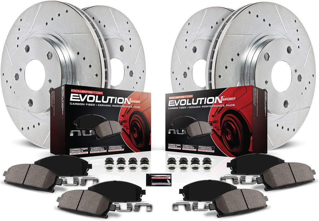 Front and Rear Carbon Fiber Brake Pads with Drilled & Slotted Brake Rotors Kit W4412