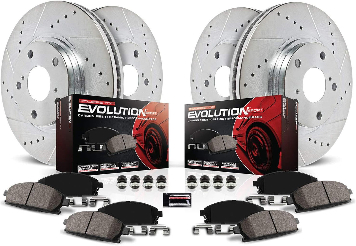 Front and Rear Carbon Fiber Brake Pads with Drilled & Slotted Brake Rotors Kit W4412