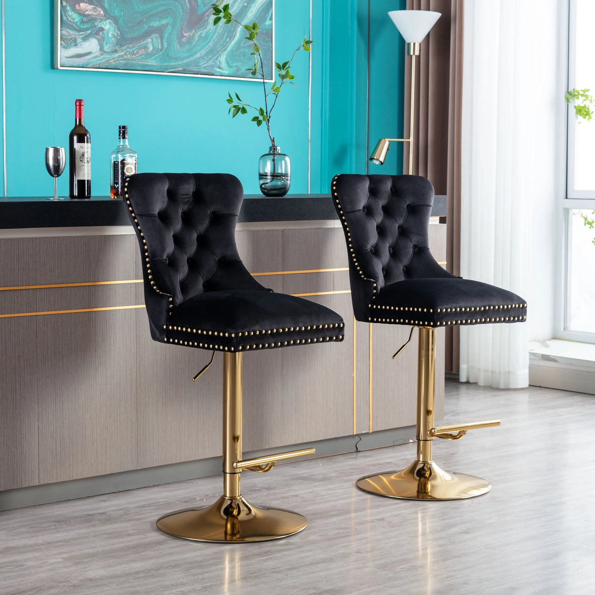 Black Velvet Swivel Bar Stools Set Of 2 Adjustable Counter Height C730