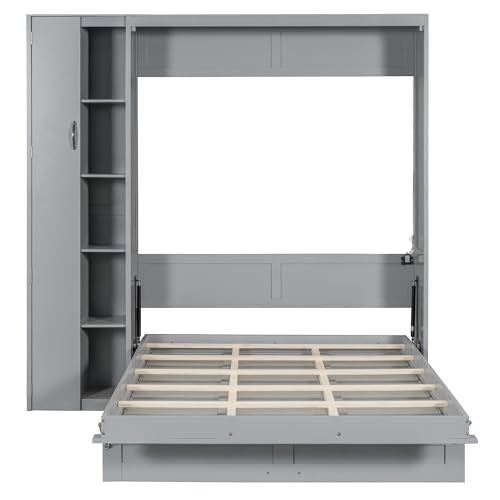 Gray Queen Size Murphy Bed with Storage Shelves and LED Lights M475740