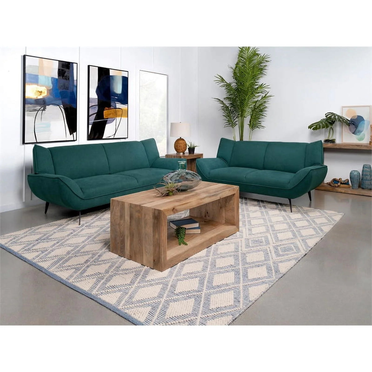 Teal Blue Black 2-Piece Fabric Metal Sofa Set F80473