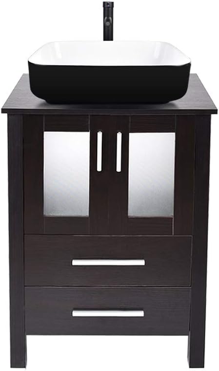 24-Inch MDF Wood Dark Coffee Bathroom Vanity with Square Glass Sink Top T25859