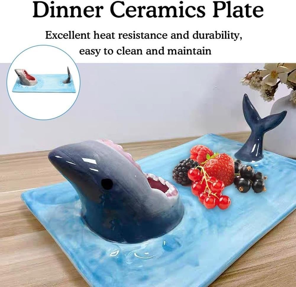 Shark Plate With Sauce Compartment, Handmade Ceramic Sushi Platter L261022