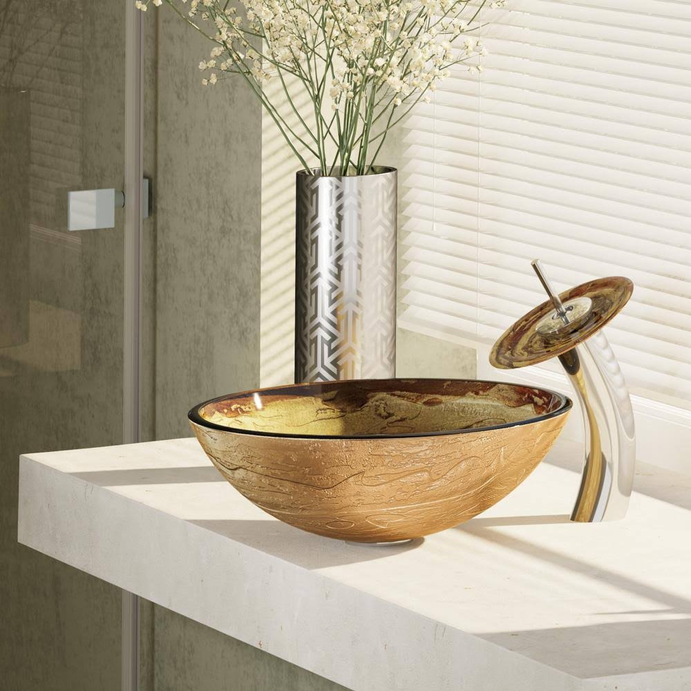 Glass Vessel Sink with Chrome Waterfall Faucet D184732