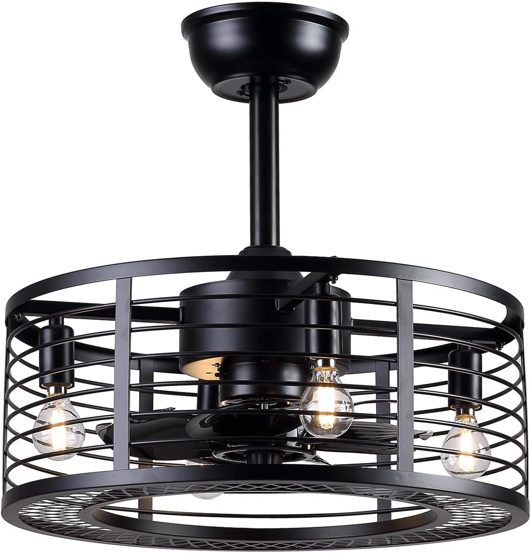 Black Caged Ceiling Fan with Lights T166