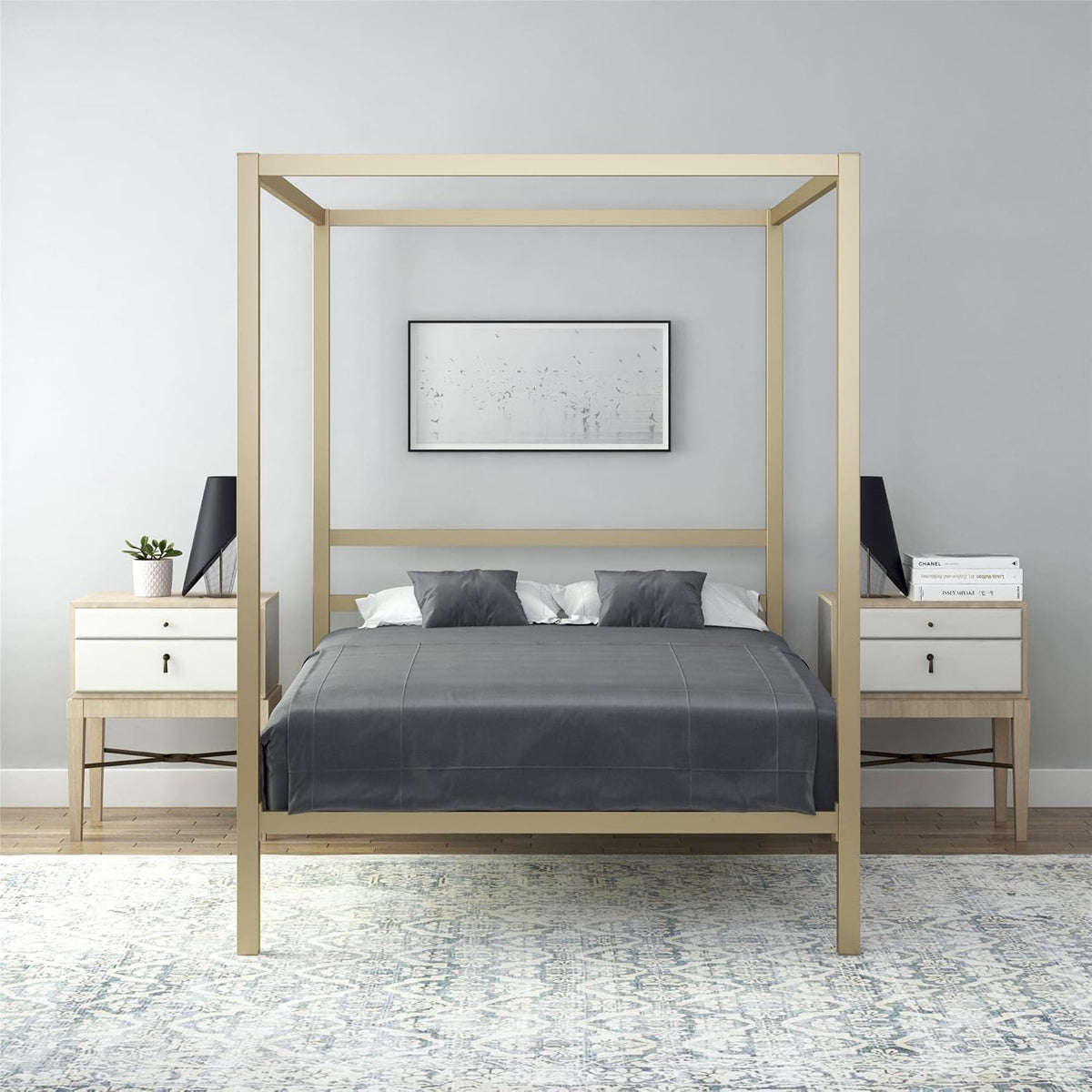King Size Gray Canopy Bed with Built-in Headboard P218388