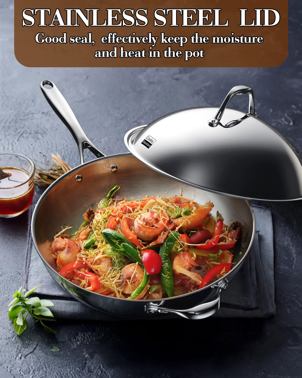 Stainless Steel 13-Inch Wok Pan with High Dome Lid F6995