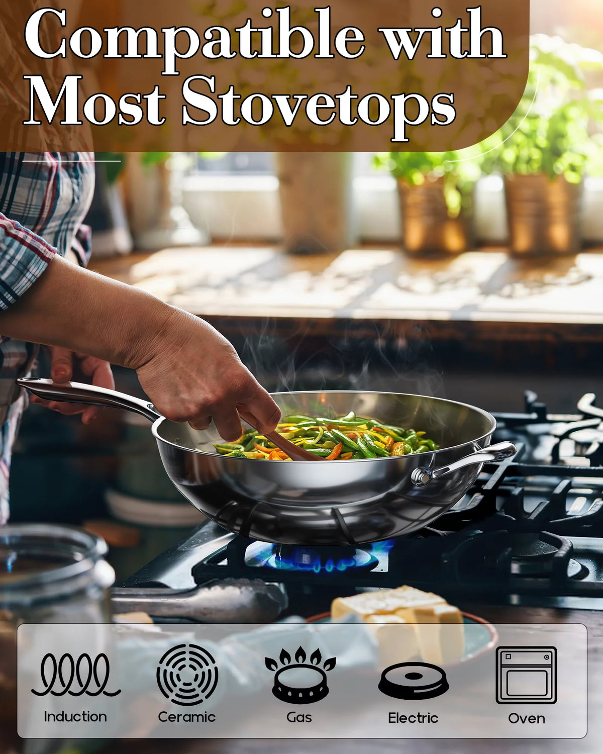 Stainless Steel 13-Inch Wok Pan with High Dome Lid F6995