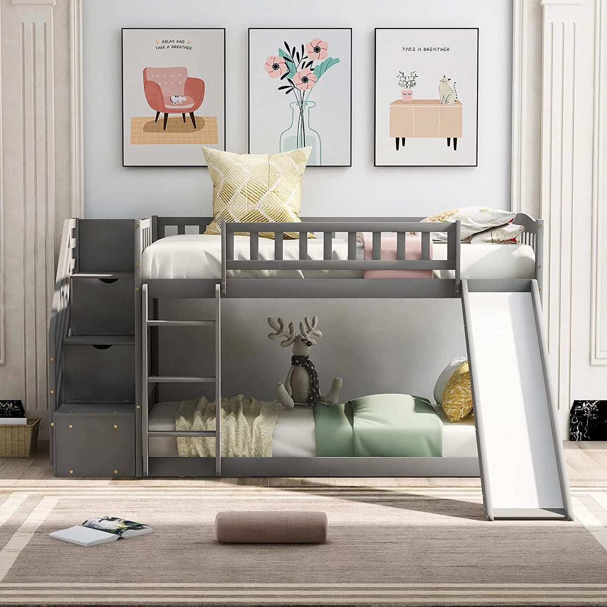 Wooden Bunk Bed with Slide and Guardrail T422785