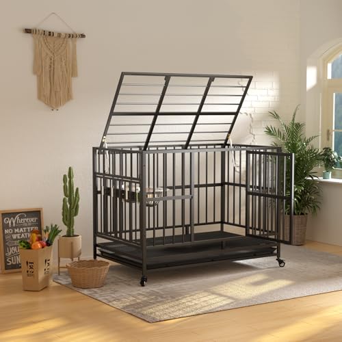48" Heavy-Duty Dog Crate with Wheels, Dual Bowls N9046