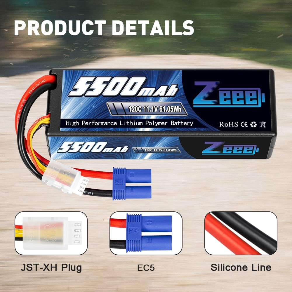 3S Lipo Battery 5500mAh 11.1V 120C Hard Case with EC5 Connector 2 Pack I4184