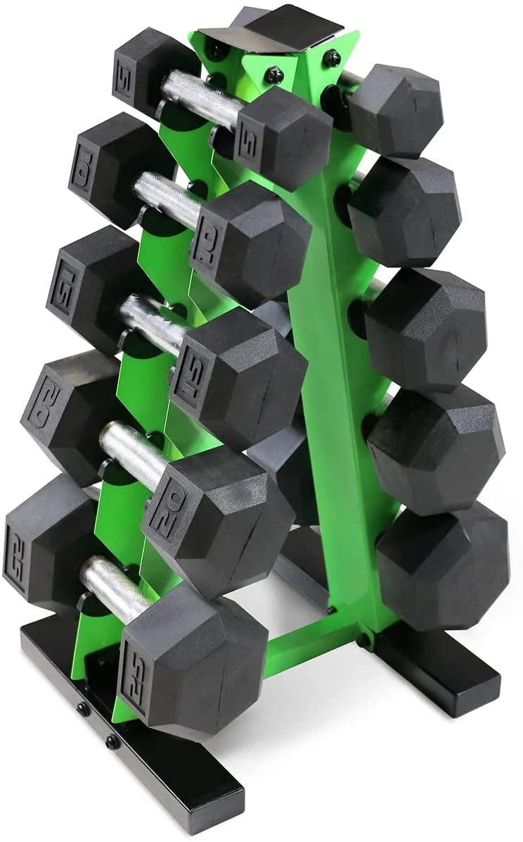 5-25 Lb. Rubber Coated Hex Dumbbell Set with Storage Rack L87259