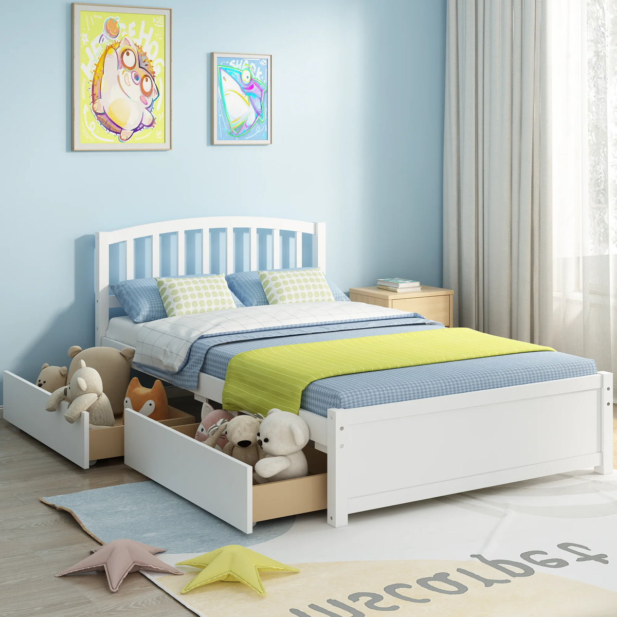 White Wood Twin Size Platform Bed with 2 Drawers S66372