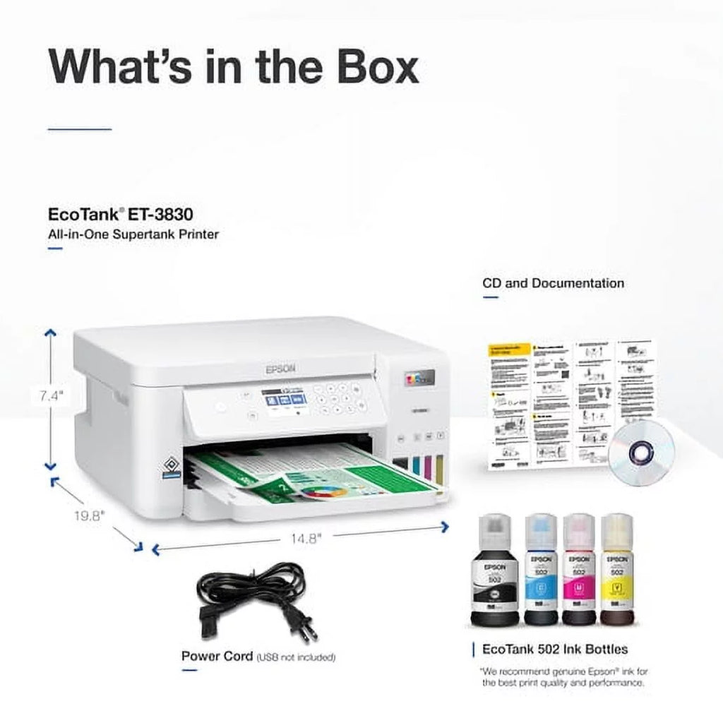 EcoTank ET-3830 Wireless Color All-in-One Supertank Printer with Scan, Copy, Auto 2-sided Printing and Ethernet X565
