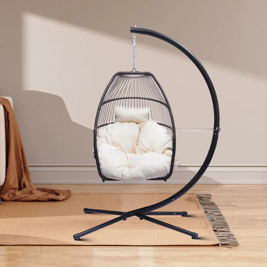 Beige Faux Rattan Folding Hanging Egg Chair with Cushion T676879