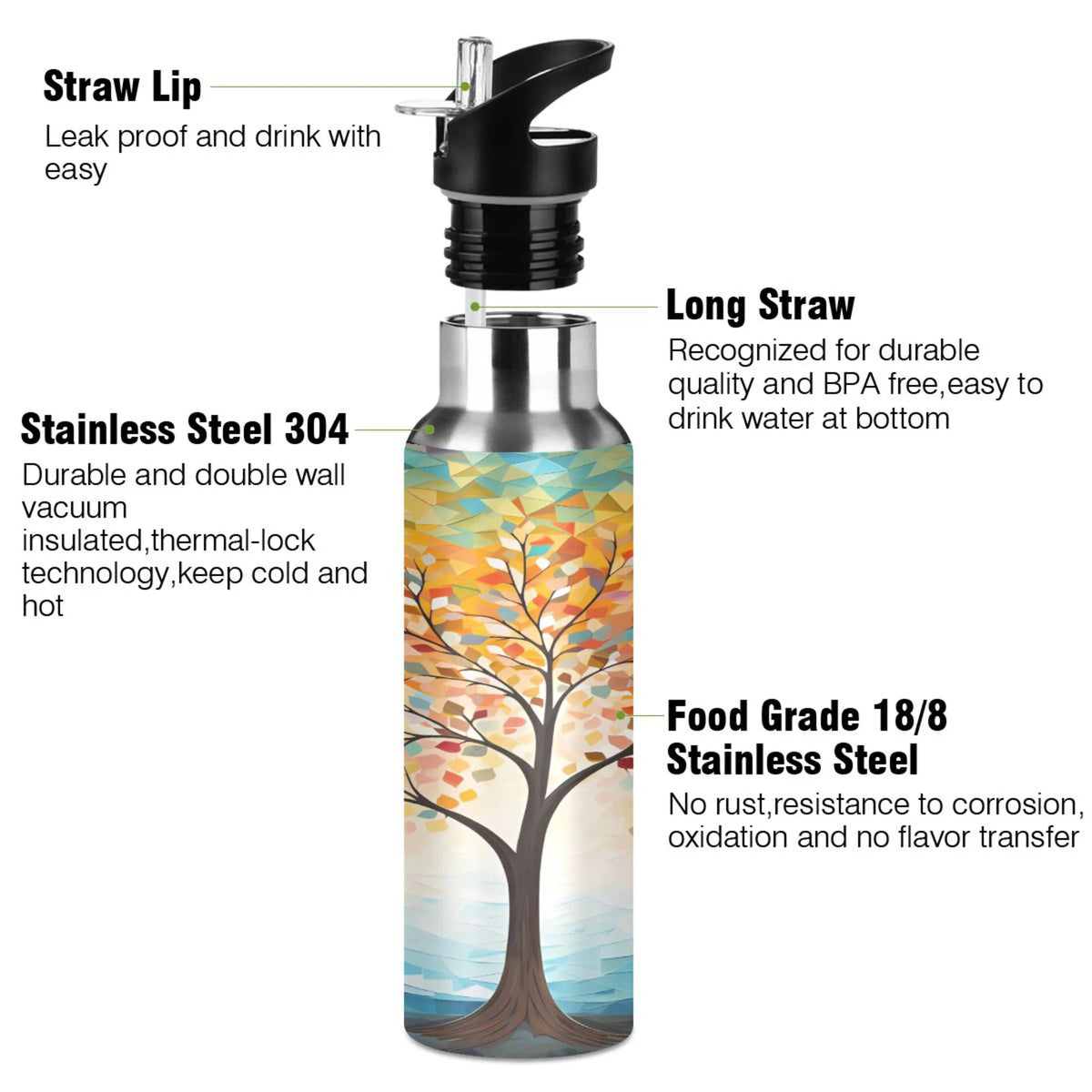 Orange Tree Abstract Stainless Steel Insulated Water Bottle with Straw Lid K592207