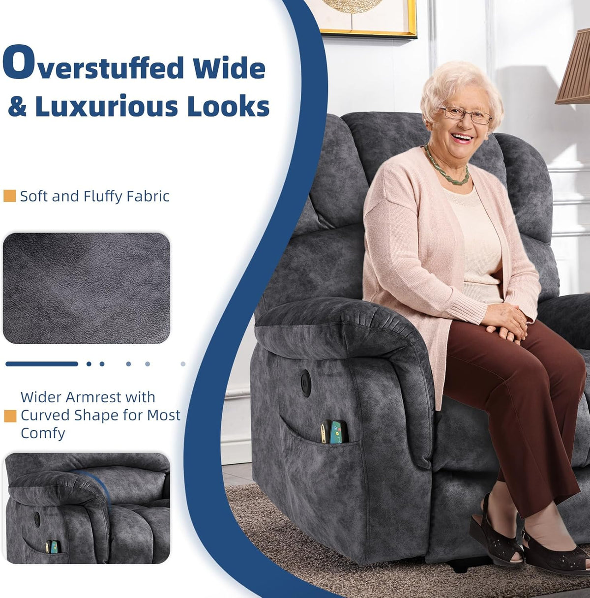 Large Electric Power Lift Recliner Chair with Extended Footrest, Gray L296