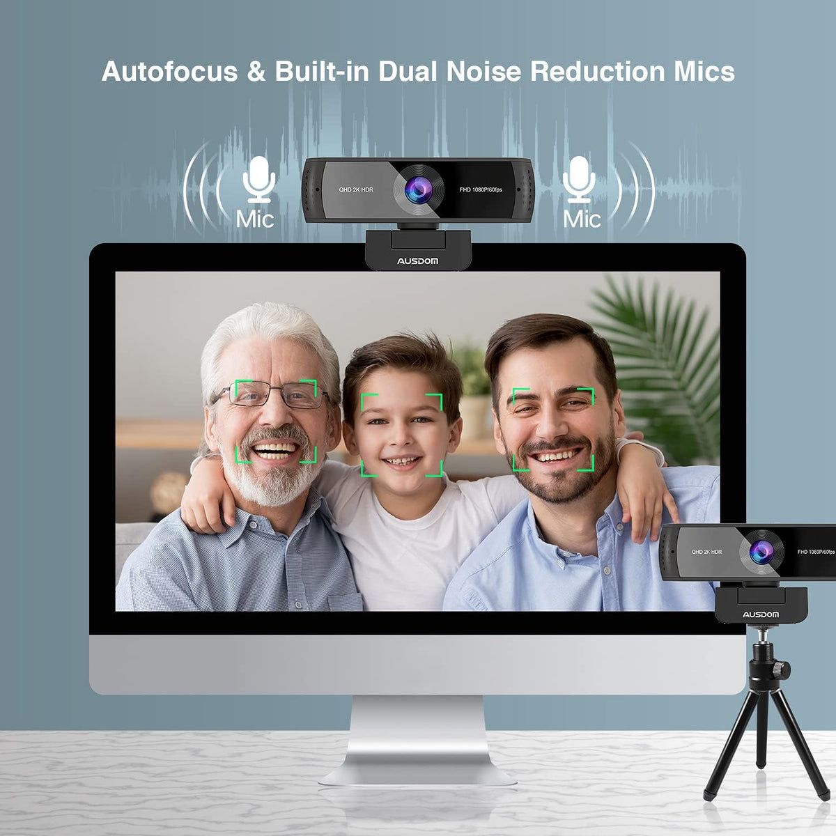 2K QHD AutoFocus Webcam, 1080P 60FPS Zoomable Streaming Web Camera, HDR, Dual Noise Cancelling Microphones, Cover Slide & Tripod, Pack of 2 O44242