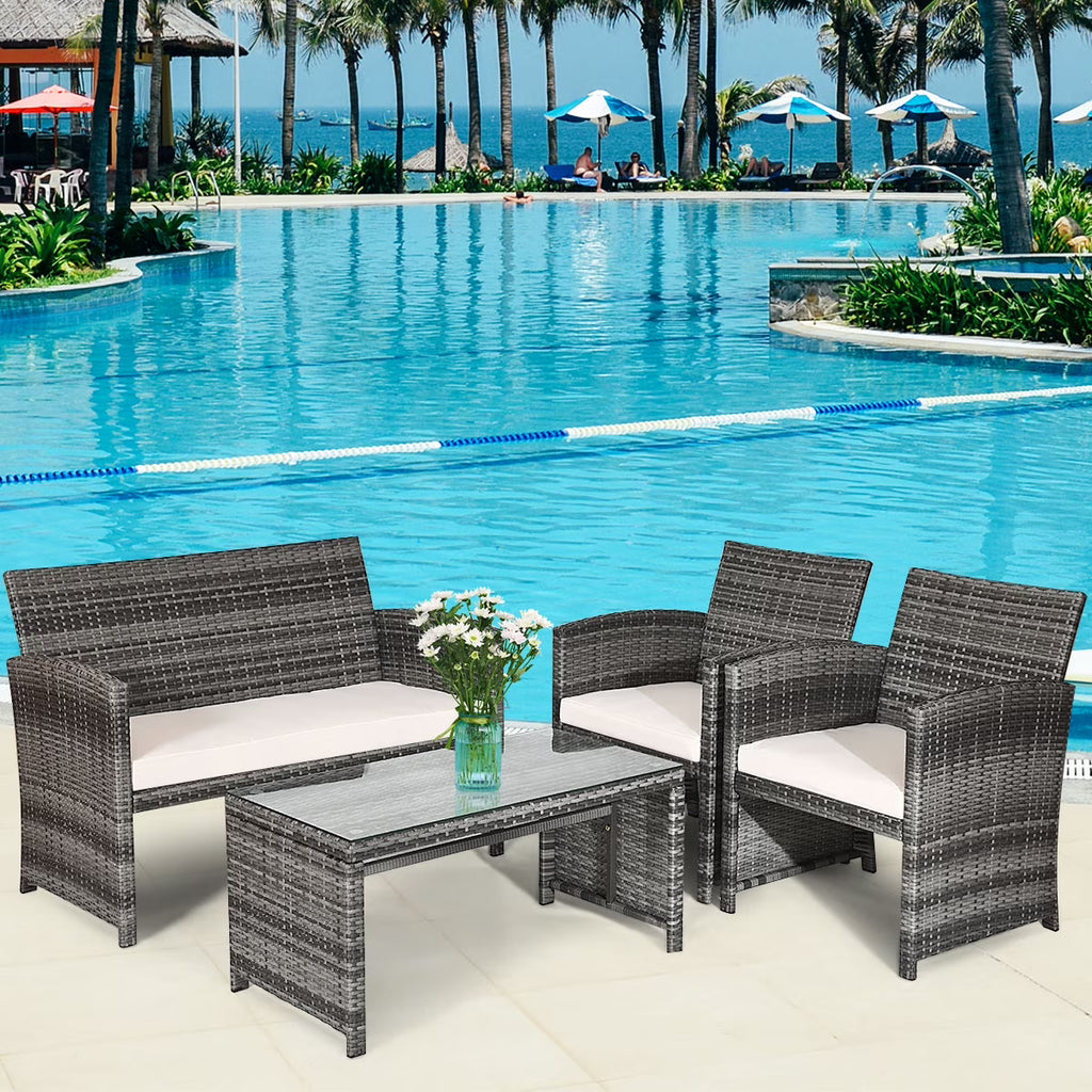 White Rattan Patio Furniture Set with Glass Table Top Cushioned Sofa F127