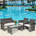 White Rattan Patio Furniture Set with Glass Table Top Cushioned Sofa F127