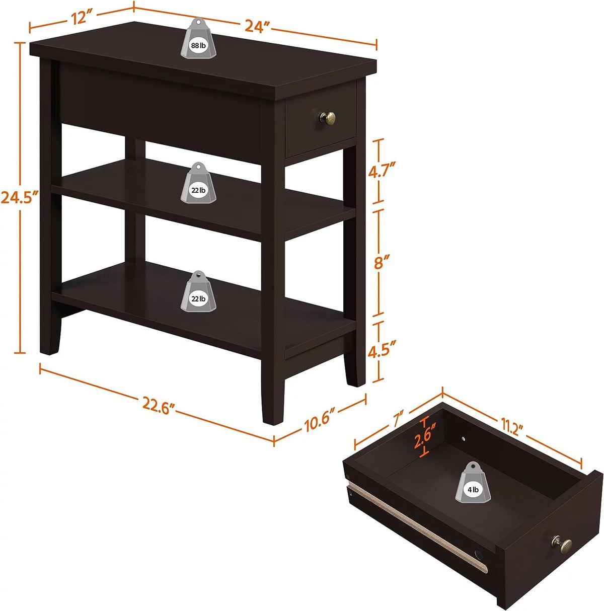 3-Tier Narrow Side Table with Drawer and Storage Shelves, Espresso K77240