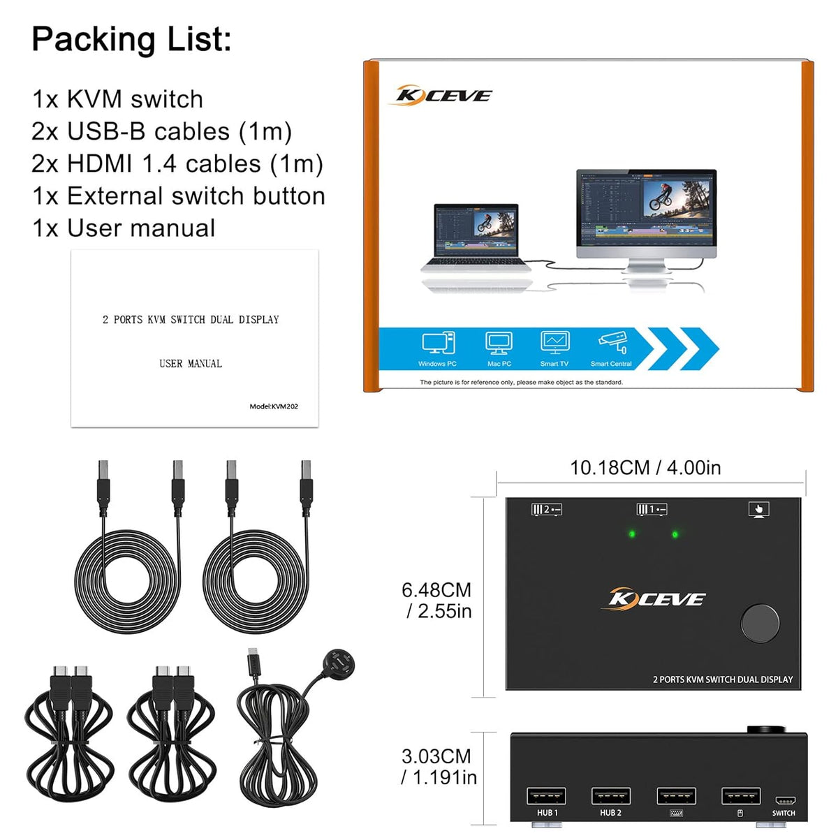 Dual Monitor KVM Switch HDMI 2 Port 4K@30Hz, USB HDMI Extended Display Switcher for 2 Computers Share 2 Monitors and 4 USB 2.0 Hub V4663