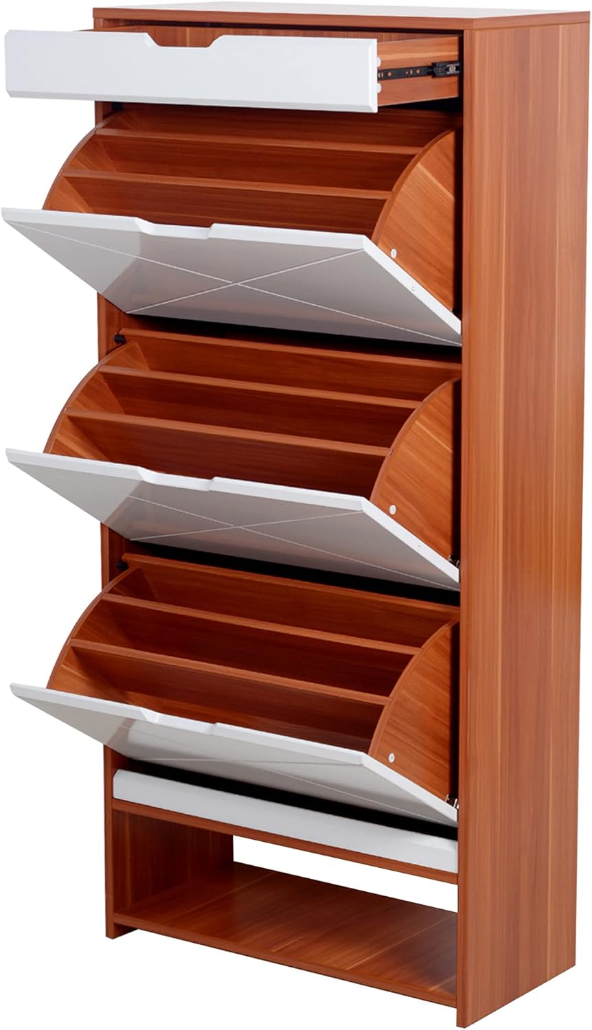 Shoe Storage Cabinet Wood with Doors and Shelves, 4 Fold Out Drawers L915