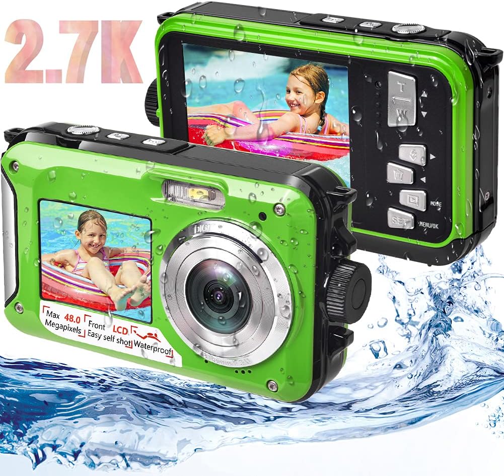 Green Waterproof Digital Camera 2.7K 48MP Dual Screen 16X Digital Zoom Flashlight Pack of 2 O4400