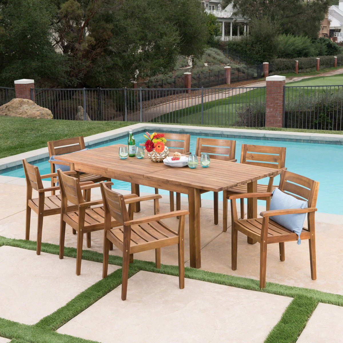 Acacia Wood 9 Piece Expandable Dining Set S485031