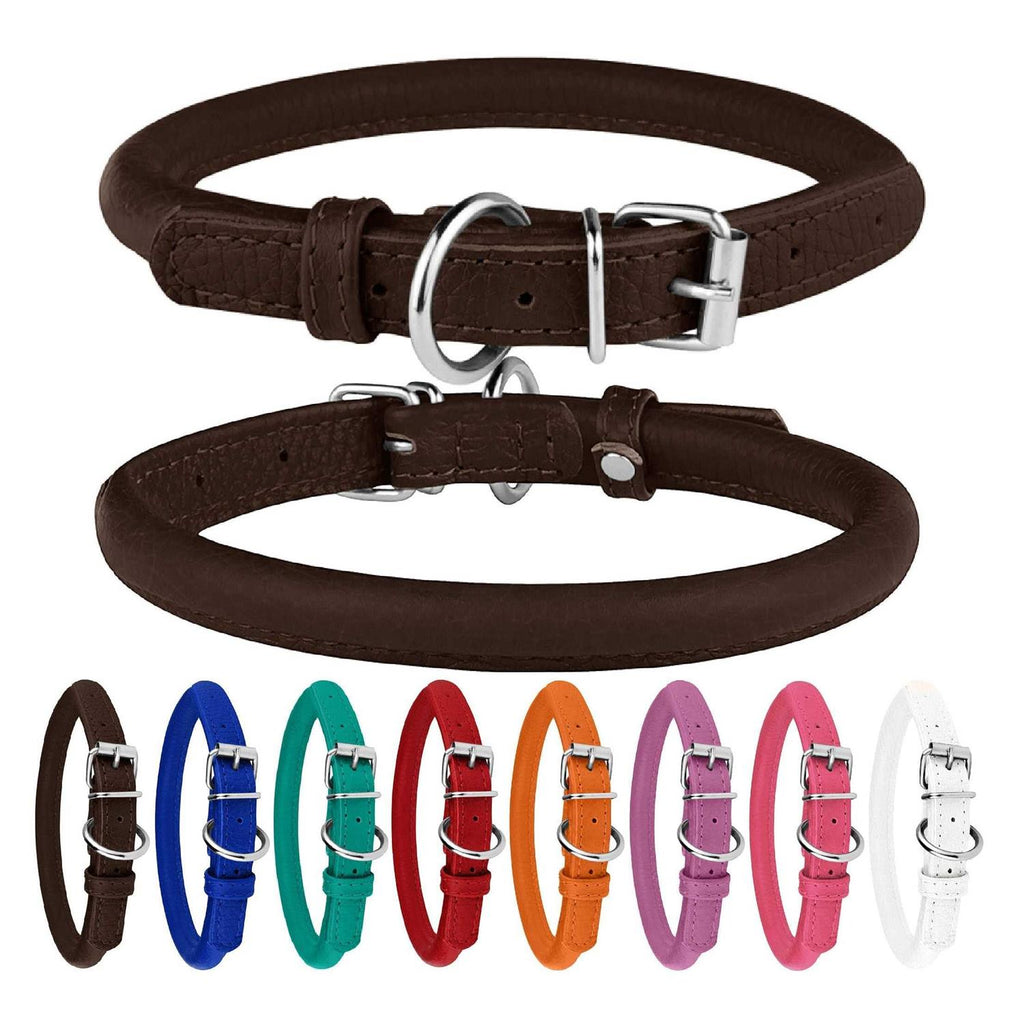 Rolled Leather Dog Collar with QR ID Dog Tag Q7683
