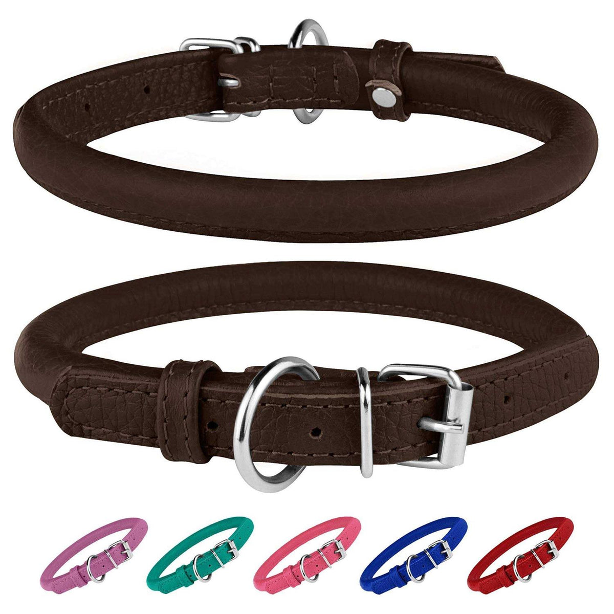Rolled Leather Dog Collar with QR ID Dog Tag Q7683
