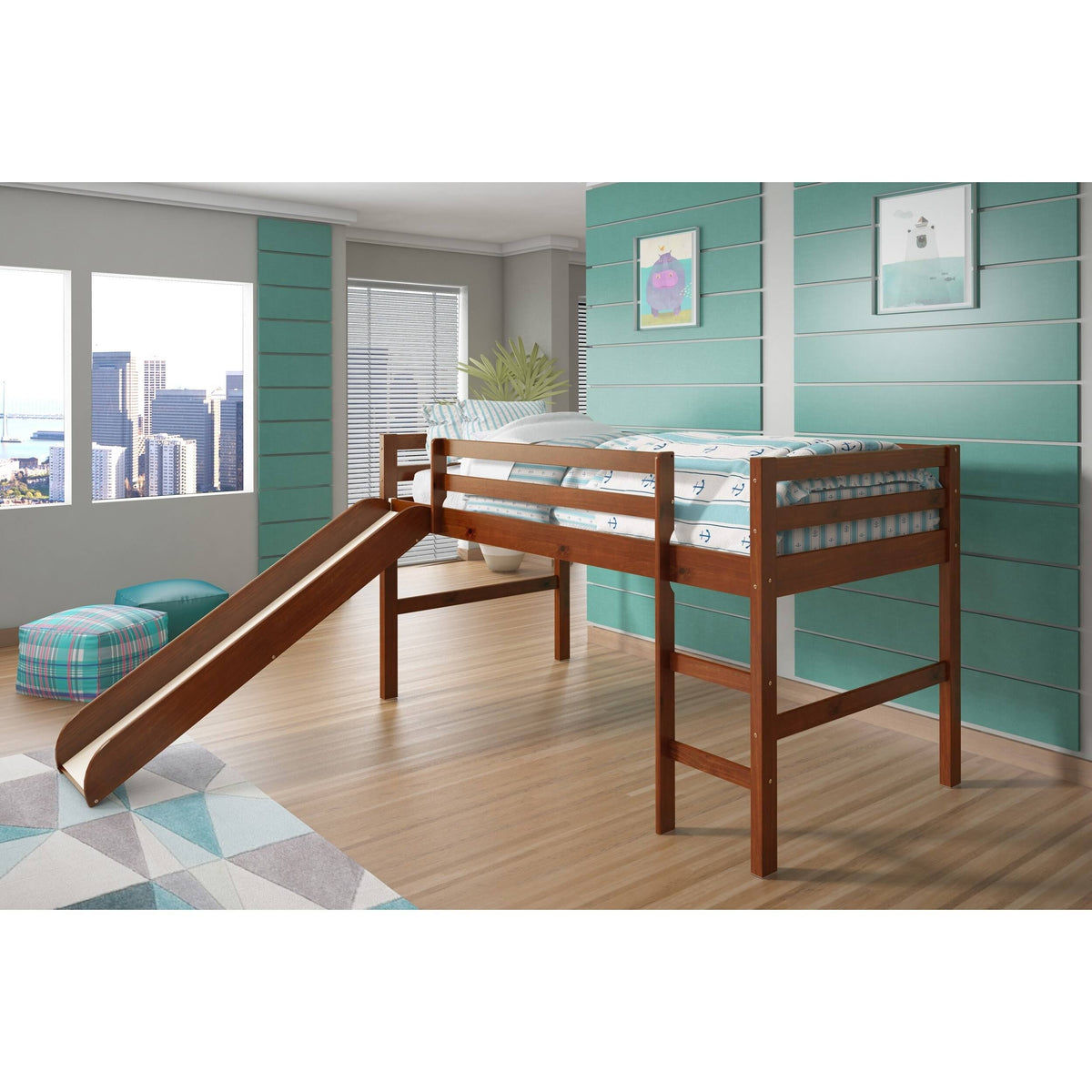 White Twin Loft Bed with Slide O49069