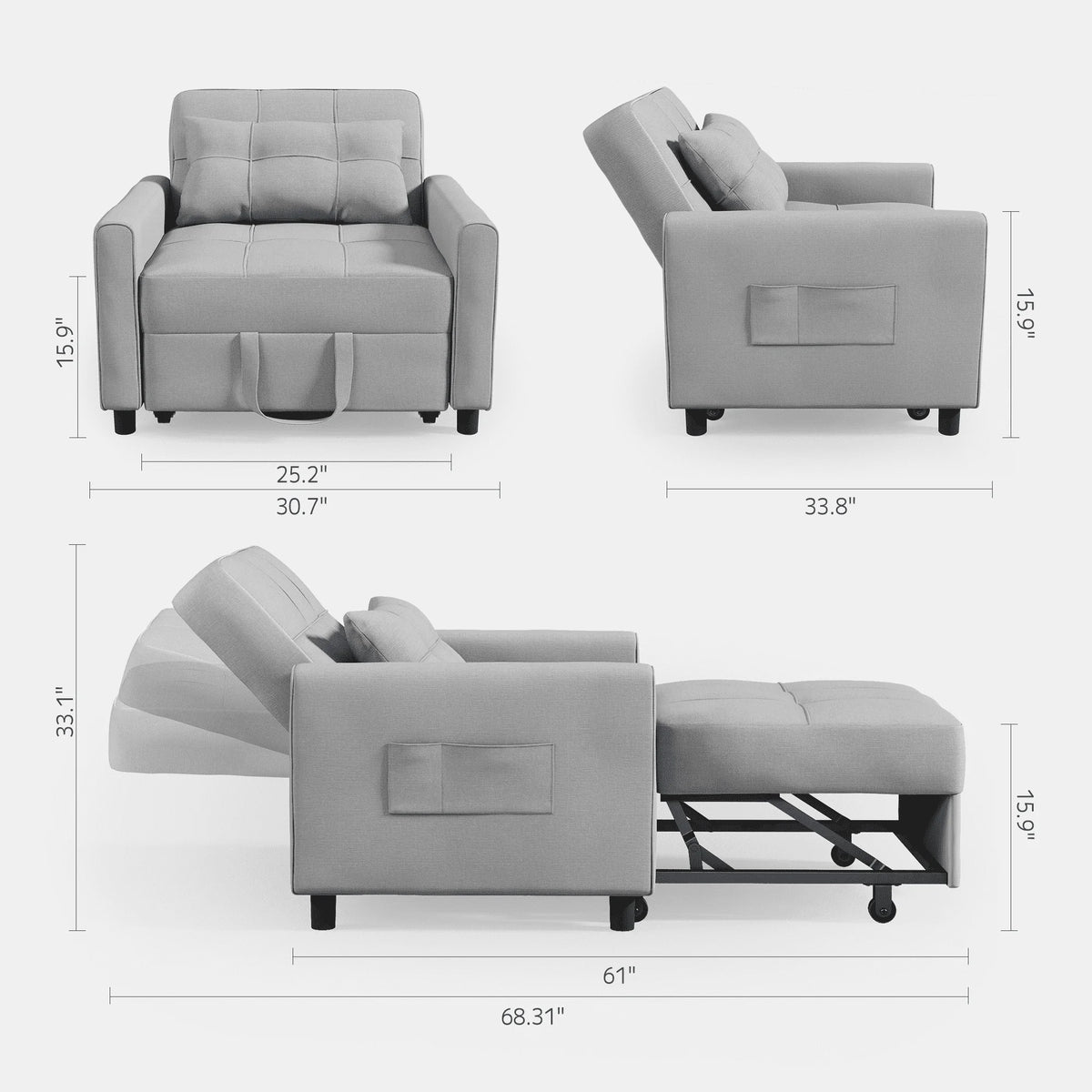 Light Gray 3 in 1 Convertible Sleeper Sofa E940