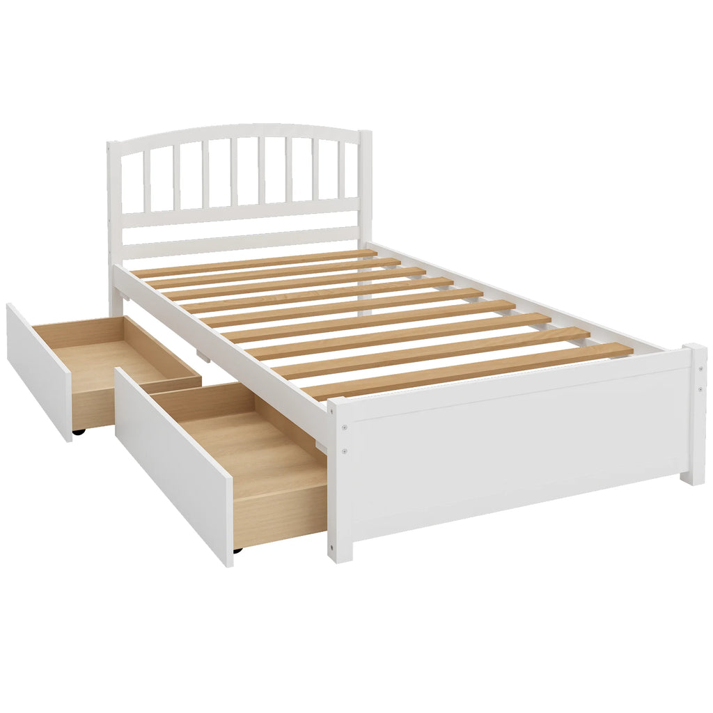 White Wood Twin Size Platform Bed with 2 Drawers S66372