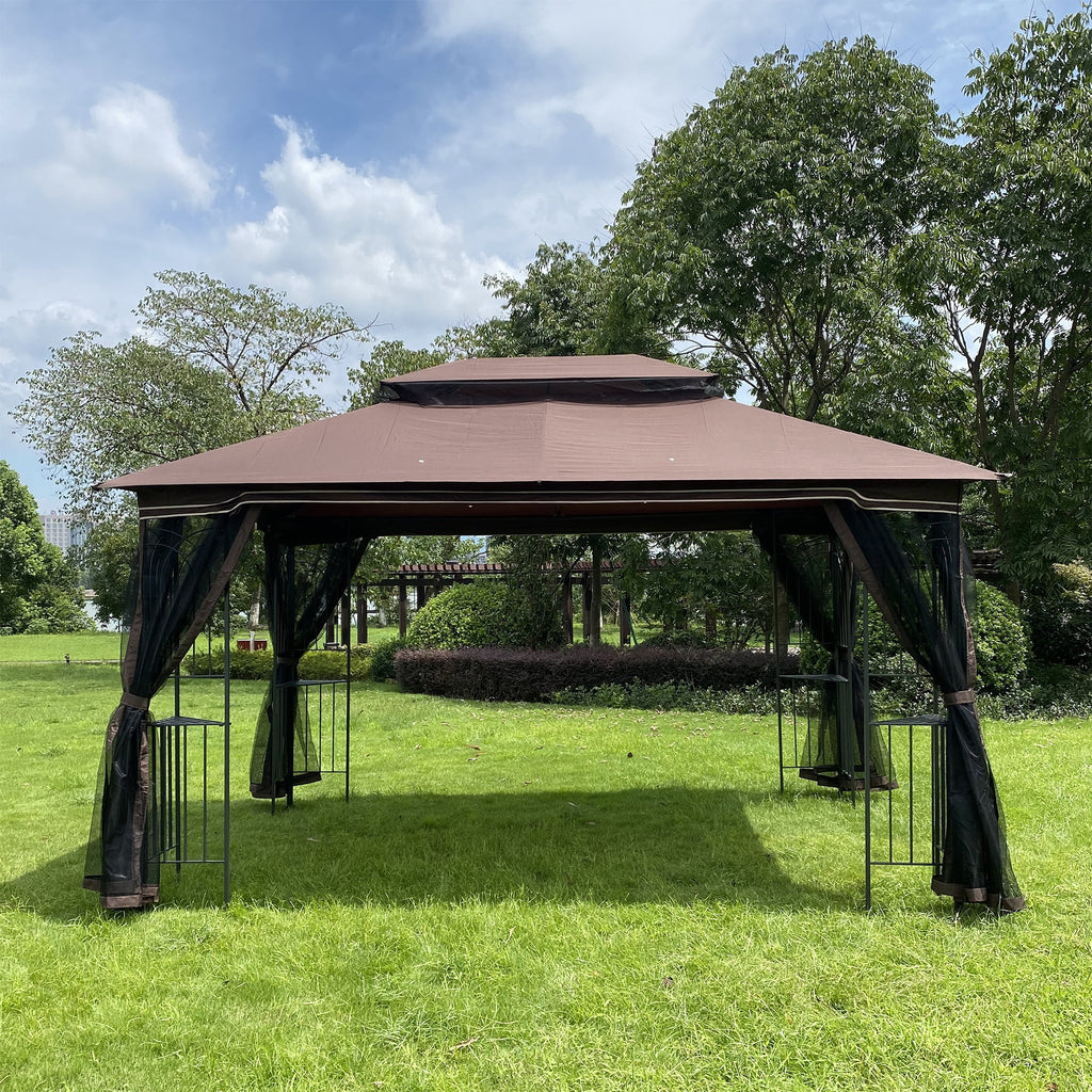 Brown Outdoor Patio Gazebo Canopy Tent With Mosquito Net J236337