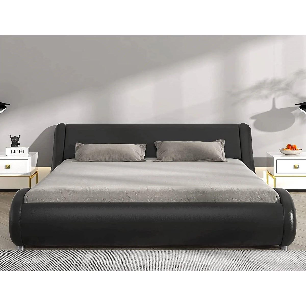 Black Faux Leather Upholstered Platform Bed Frame with Headboard Q224