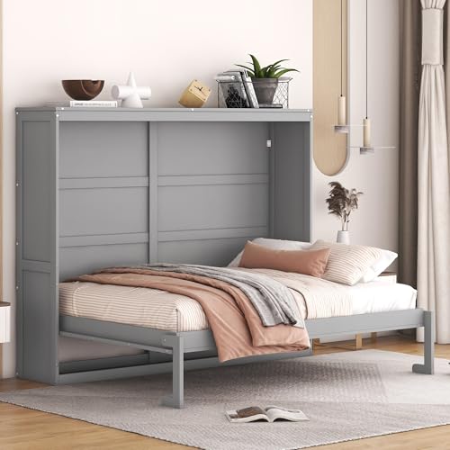 Gray Queen Size Murphy Bed with Storage Shelves and LED Lights M475740