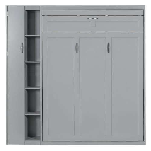 Gray Queen Size Murphy Bed with Storage Shelves and LED Lights M475740