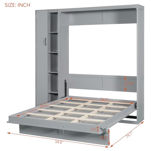Gray Queen Size Murphy Bed with Storage Shelves and LED Lights M475740