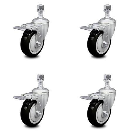 4 inch Black Polyurethane Swivel Stem Caster Set with Total Lock Brake T7144