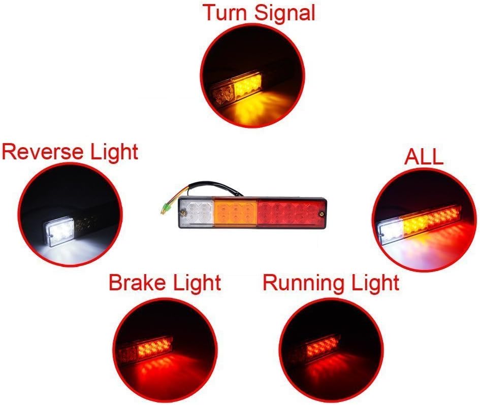 20-LED Truck Trailer Tail Light Turn Signal Reverse Brake Light, 3W 12V Red-Amber-White Waterproof (Pack of 2) Q539601