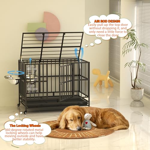 48" Heavy-Duty Dog Crate with Wheels, Dual Bowls N9046