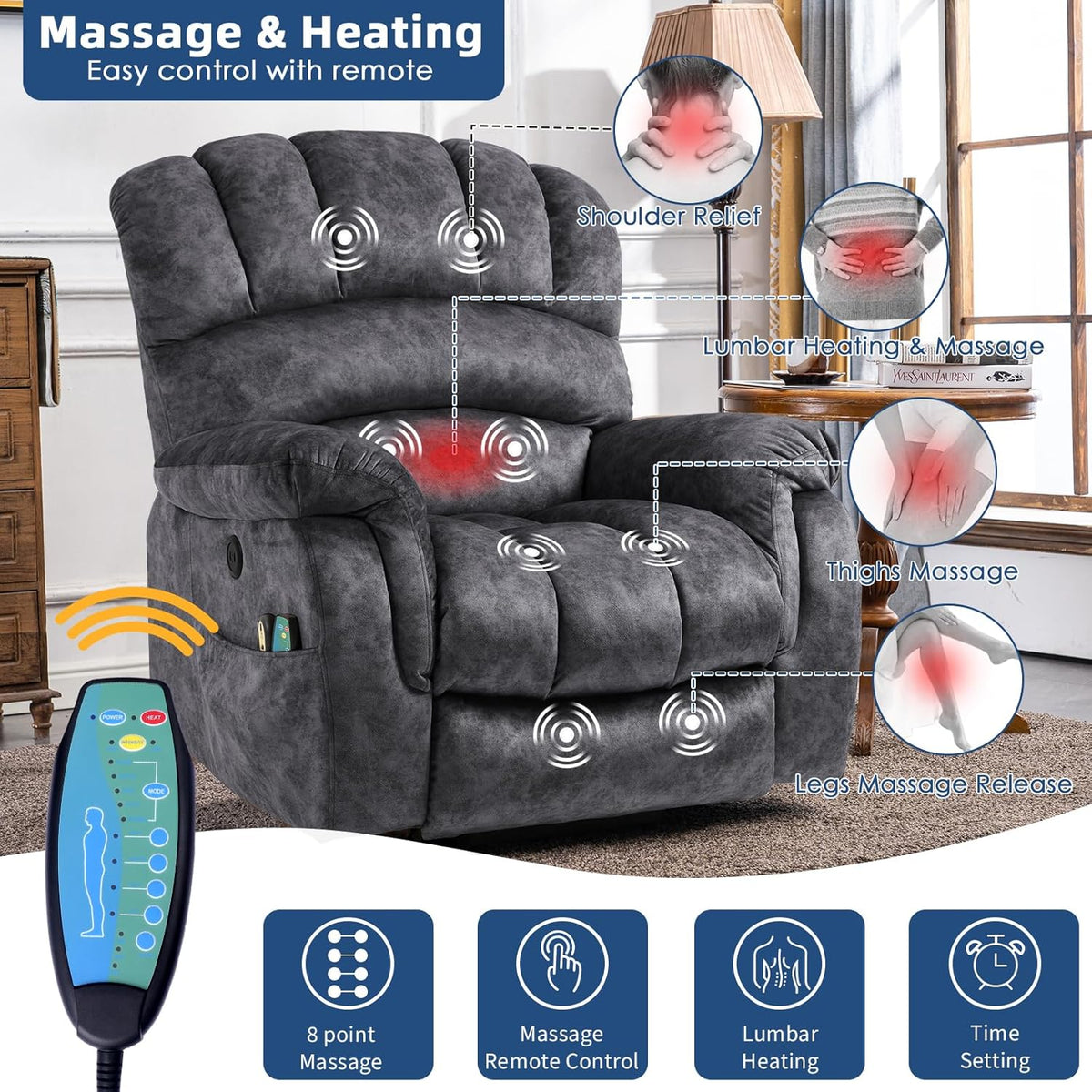 Large Electric Power Lift Recliner Chair with Extended Footrest, Gray L296