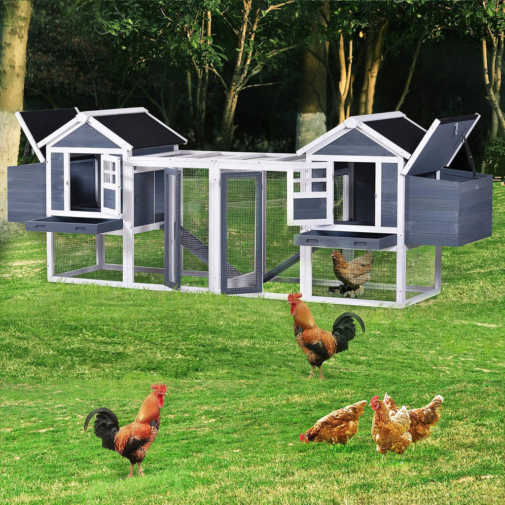 Chicken Coop Hen House Poultry Cage Wooden Rabbit Hutch Small Animal House with Nesting Boxes, 2 Run Play Area, Ramps, Waterproof Roof & Pull Out Tray N750