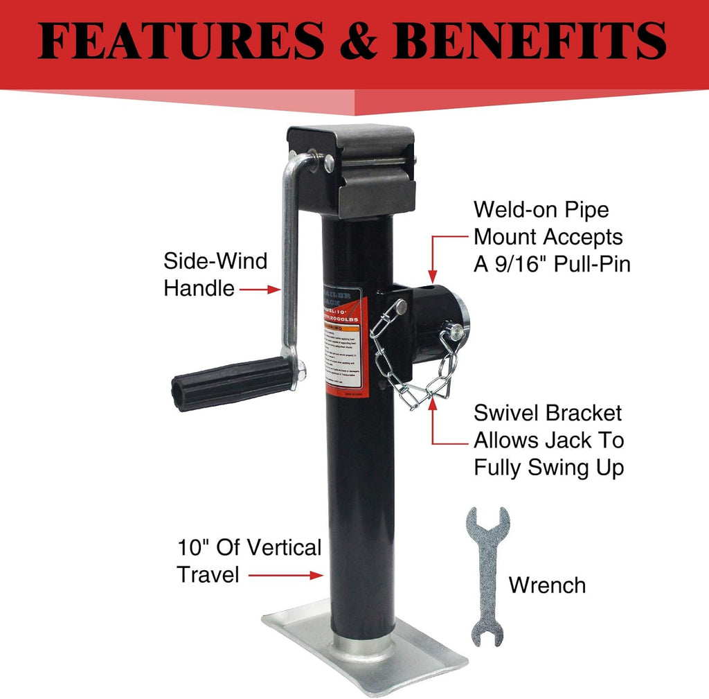 Side Wind Weld-On Pipe-Mount Swivel Trailer Jack 5000 lbs 10 Inches Vertical Travel A3 Steel Pack of 2 T93176
