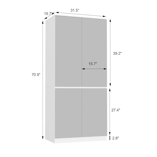 White 4 Door Mirrored Wardrobe Closet with Hanging Rod J55453