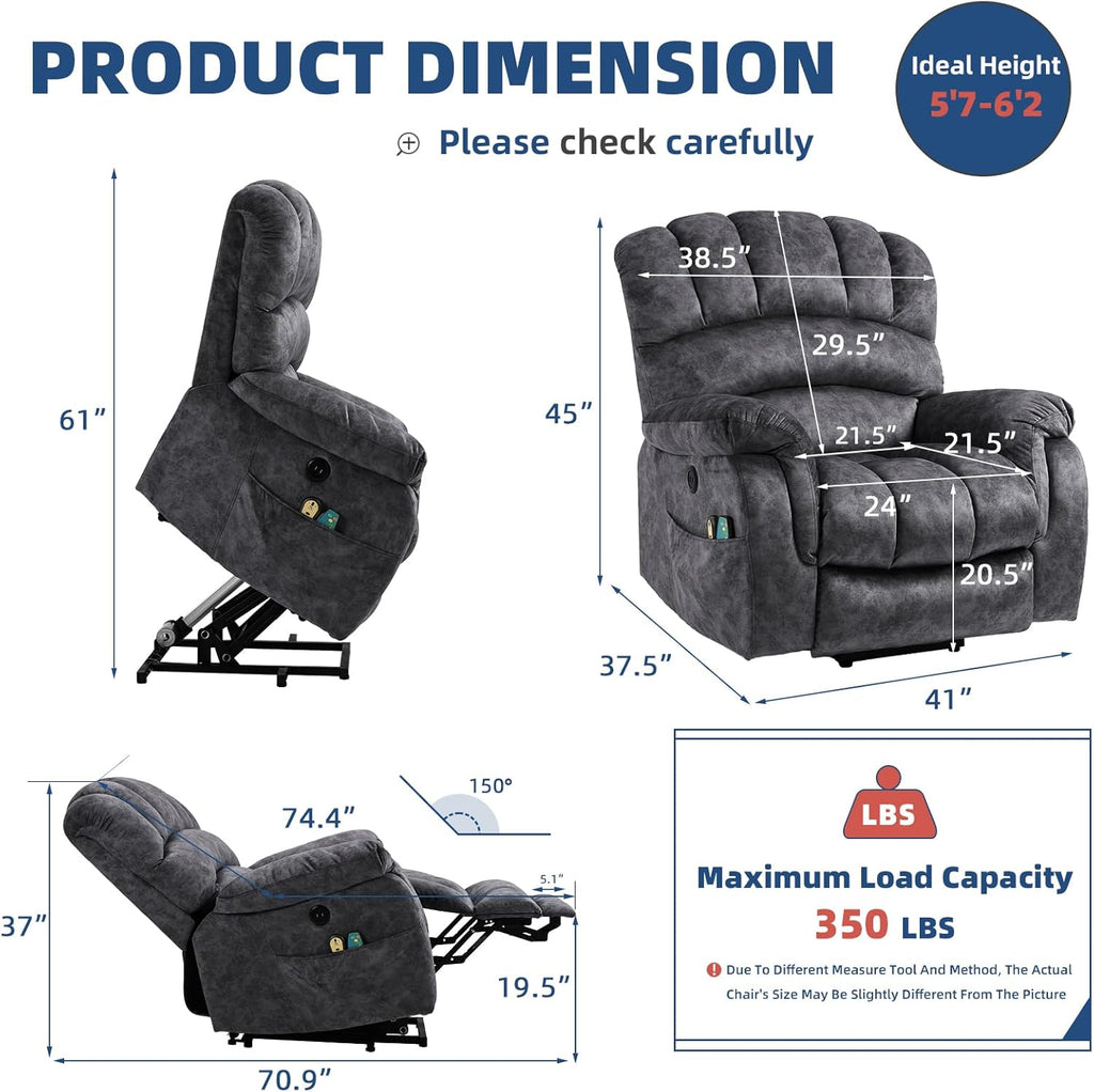 Large Electric Power Lift Recliner Chair with Extended Footrest, Gray L296